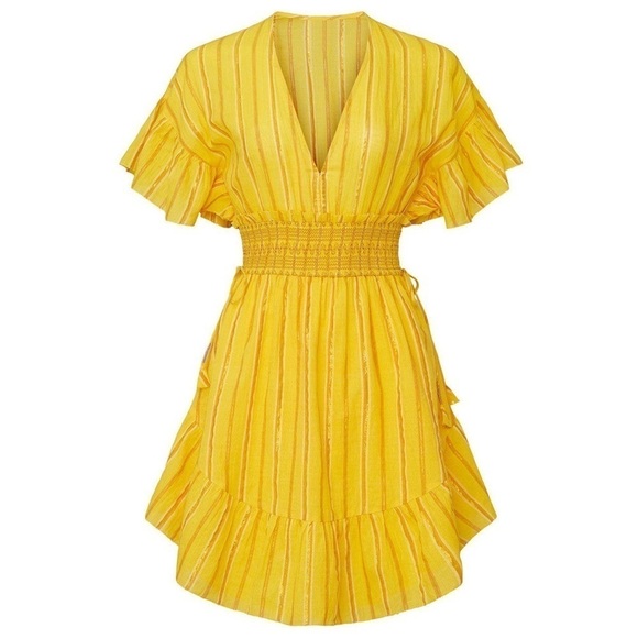 SAYLOR Metallic Stripe Flutter Sleeve V-Neck Smocked Waist Ruffle Hem Dress M - Picture 8 of 8